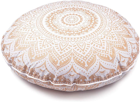 Indian Mandala Cotton Handmade Gold Ombre Round Floor Pillow Ethnic Cushion Case for Yoga Mat 32 x 32 Inch