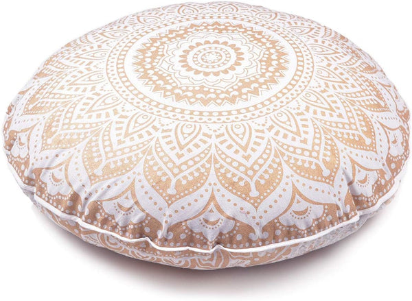 Indian Mandala Cotton Handmade Gold Ombre Round Floor Pillow Ethnic Cushion Case for Yoga Mat 32 x 32 Inch