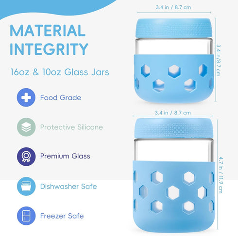 8-Pack 16 oz 10 oz Gemice & Glass Mason Jars with Silicone Sleeves, Airtight BPA-Free Overnight Oats Containers
