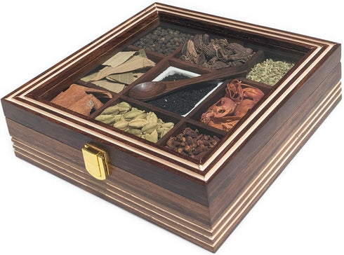 9 Countertop Premium Wooden Spice Box with Glass Lid Compartment Masala Organizer for Kitchen Storage