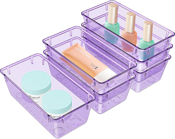 WOWBOX 6 PCS Plastic Drawer Organizer Set for Makeup, Jewelry, and Gadgets in Kitchen, Bedroom, Bathroom (Purple)
