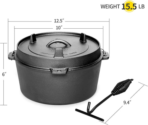 Pre-Seasoned Cast Iron Camping Dutch Oven, 6 Quart Pot with Lid Tripod for Outdoor Cooking