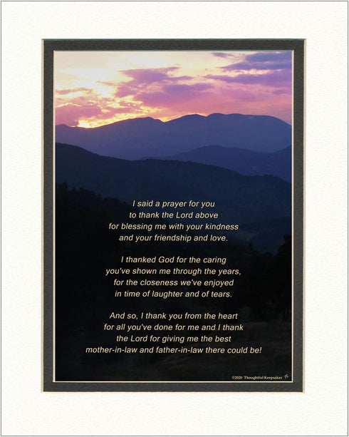 Mother-in-Law and Father-in-Law Gift with Thank You Prayer Poem, Mt Sunset Photo, 8x10 Double Matted, In-Laws Gifts