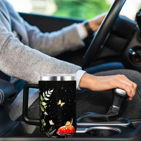 WENININOK 40 OZ Mushroom Cup Tumbler with Handle and Straw Lid Leak Proof - Mushroom Travel Coffee Mug with Handle