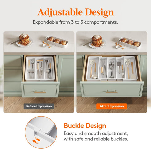 Lifewit Expandable Utensil Organizer for Kitchen Drawers, Adjustable Cutlery Flatware Holder, Large White Storage