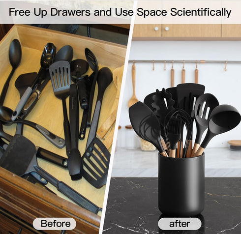 Matte Black Ceramic Utensil Holder for Countertop, Easy to Clean Cooking Utensil Crock, 4.4*6.3 Inch