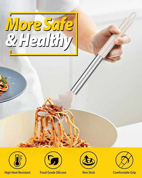Silicone Pasta Fork and Cooking Spoon Set, Non Stick Kitchen Utensils for Stirring, Serving Spaghetti, Soup