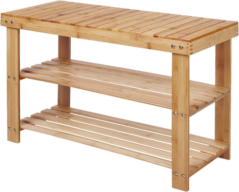 PUPL 3 Tier Bamboo Shoe Bench, Entryway Bench Shoe Rack Organizer for Bedroom