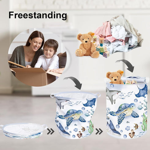 Clastyle 45L Large Blue Sea Animals Turtle Kid Laundry Hamper, Collapsible Whale Shark Storage Basket with Lid