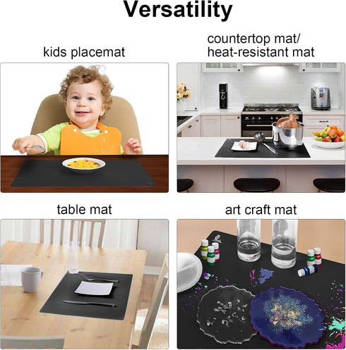 Large Thick Silicone Counter Mat 23.4" by 15.6", Heat Resistant Mat for Kitchen Table/Countertop Protector, Black