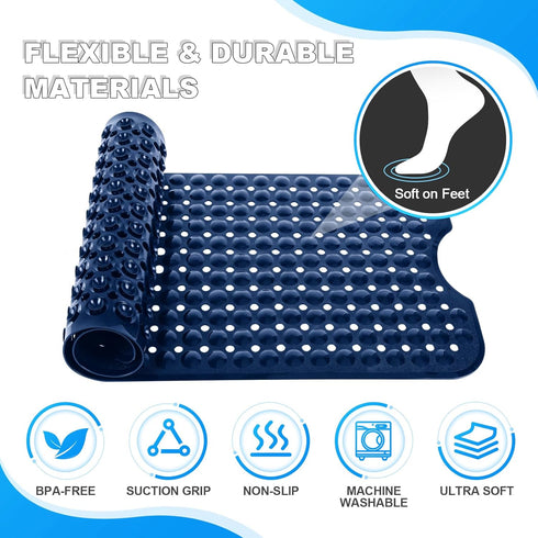 Linoows Extra Long Non Slip Bath Mat, 40 x 16 Inch Navy Blue Bath Tub Mat with Suction Cups