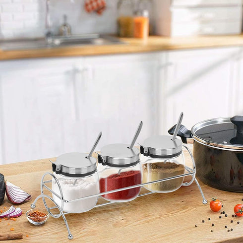 Set of 3 Glass Seasoning Bottles with Lids, Stainless Steel Serving Spoons, Base Rack and Labels - only fire Condiment