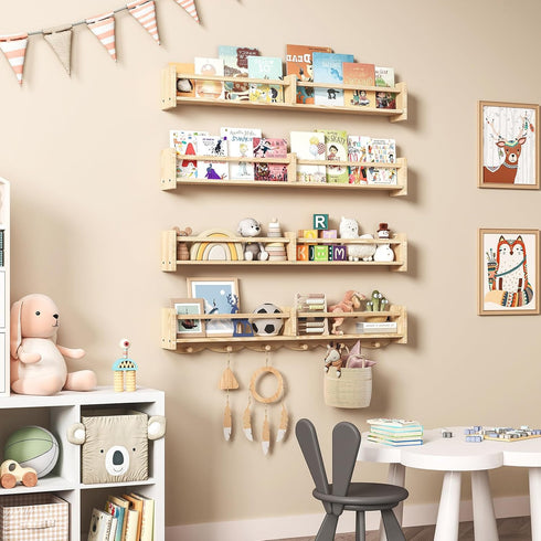 ECOOCE 34Inch Bookshelves,Set 4,Wall 6Hooks,Hanging 29958098(Burlywood, 34) Nursery of Floating Shelf Kids Coat Rack