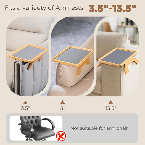 3.5"-13.5" Couch Armrest Table, Foldable Bamboo Sofa Arm Tray for Couch with a Non-Slip Pad, Clip On Couch Arm Table