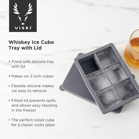 Viski Whiskey Ice Cube Tray with Lid, Makes Six 2-Inch Ice Molds, Stackable Silicone Molds for Home Bar, Set of 1, Grey