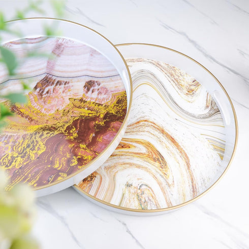 13" Round Green Marbling Decorative Tray with Handles, Morden Plastic Serving Tray for Coffee Table Bathroom, Ottoman