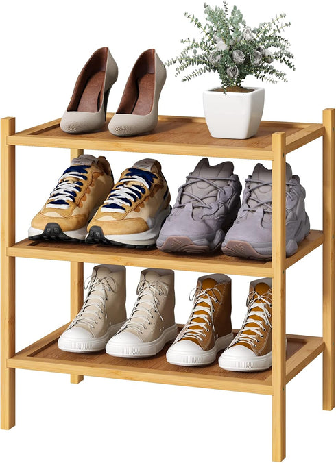 kiplant Small Shoe Rack, Bamboo Wood Shoe Rack for Entryway, Stackable | Foldable
