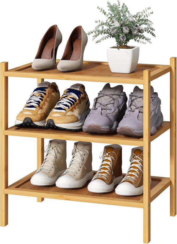 kiplant Small Shoe Rack, Bamboo Wood Shoe Rack for Entryway, Stackable | Foldable