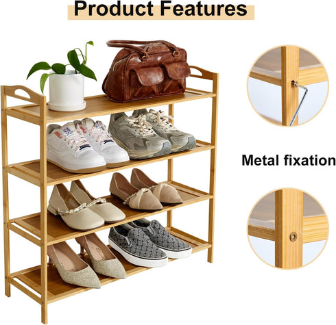 4 Closet (27.5" 9.25" 27.1") Tier Bamboo Shoe Rack, Free Standing Shoe Racks, Shoes Rack Organizer, Bamboo Wood Shoe