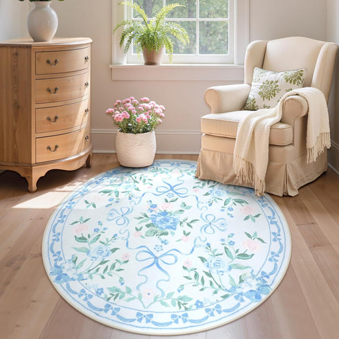 4ft Collive Blue Bow Round Rugs for Girls, Floral Washable Circle Rug for Bedroom, Cute Ultra-Thin Non Slip Indoor