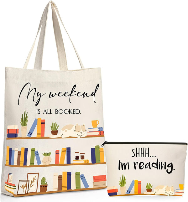 Sieral 2 Pcs Book Lovers Gifts Bookshelf Tote Bag Makeup Reading Canvas Bag