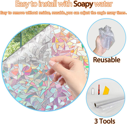 Rainbow Window Privacy Film, Decorative Stained Glass Window Tint for Home, 3D Window Clings, Static Cling Sticker