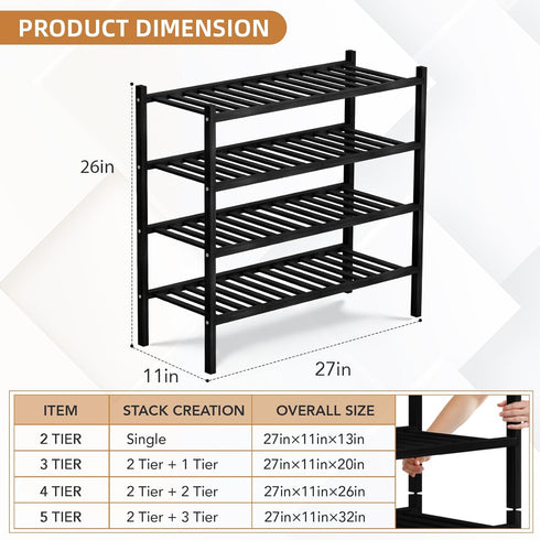 4 Closet, Bathroom27 x11 x26(Black, 4 Tier Bamboo Shoe Rack Storage Organizer for Multifunctional Stackable Free