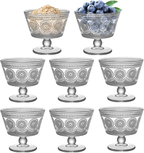 Vintage Glass Dessert Bowls, Set of 8, 9oz Glass Ice Cream Sundae