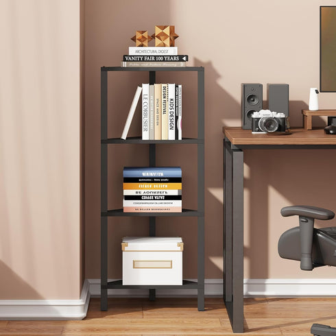 4-Tier BS05BK004 TUTOTAK Corner Shelf, Corner Bookshelf for Small Space, Narrow Display Corner Shelf Stand with Storage