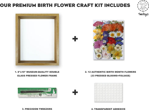 33 Set, 8x10 Twodays Birth Flower Mother's Day Craft Kit for Mom/Grandma - Real Pressed Flowers Art DIY With Double