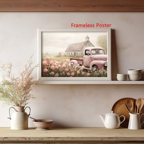 BACKYMRJCART Farmhouse Truck Canvas Wall Art, Vintage Landscape Art Prints with Pink Flowers, No Frame