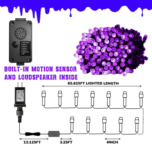 PEIDUO 82 FT 200 LED Purple String Lights Halloween Decorations Outdoor, Motion Sensor Controller with Spooky Music