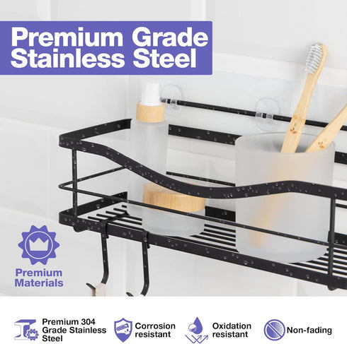 KINCMAX 4 Premium Shower Caddy - Self Adhesive Shower Shelf with Hooks - No Drill Large Capacity Stainless Steel Rack