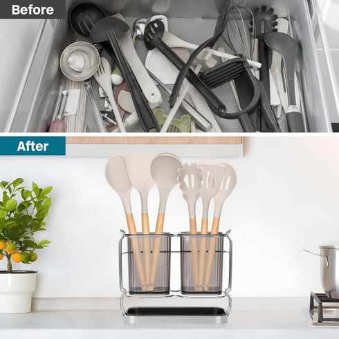 Utensil Holder for Kitchen Counter, Plastic Cooking Organizer with Drain Tray, Large Crock for Spatula Spoon, Modern