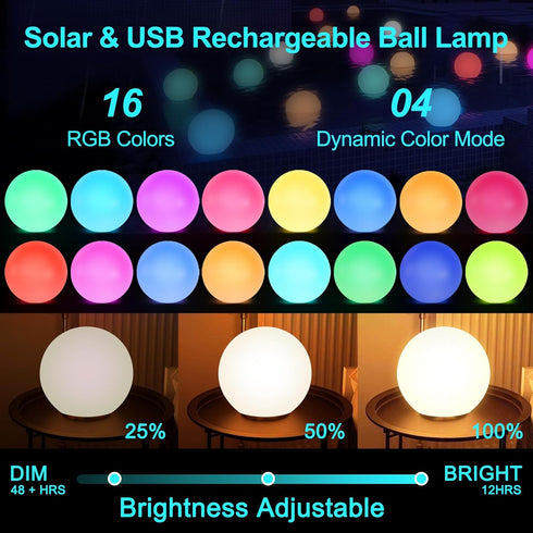 IP65 8-inch LOFTEK Solar Ball Lights with Ground Pile, RGB Colors Changing Floating Pool Ball Lights, Waterproof USB