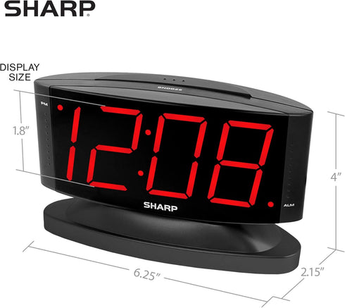 Sharp Home LED Digital Alarm Clock - Midnight Black with Red LED, Big Green Digit Display, Swivel Base, Outlet Powered