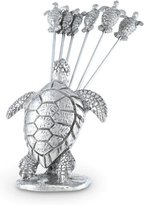 Vagabond House Pewter Sea Turtle Cheese Martini Olive Cocktail Pick Set, 4 inch Tall, 6 picks
