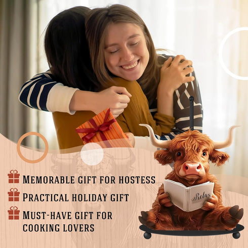 MorningRo Countertop 3D Highland Cow Paper Towel Holder Kitchen Decor and Accessories Black Metal Farmhouse Large