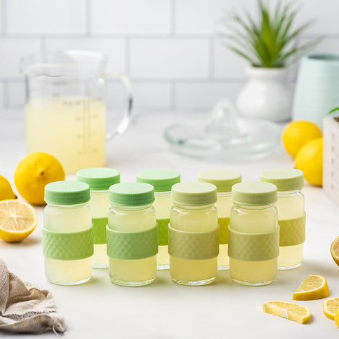 2oz, Juice Shot Containers, Glass, Clear, Colored Lids & Silicone Grip Bands, Beverage Storage, Juicing, Ginger