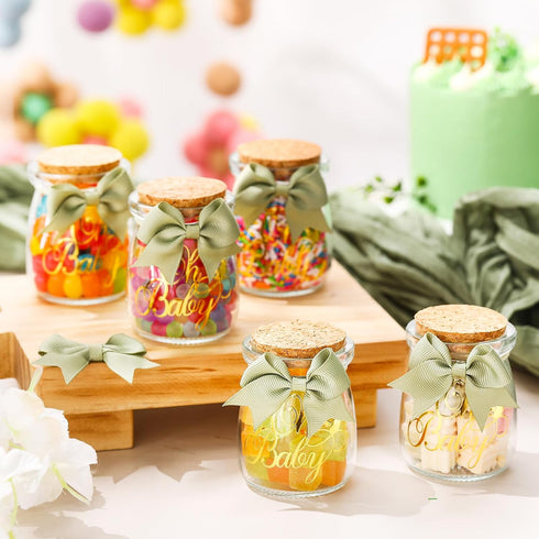 Funnymoom 24 Sets 100 ml Baby Shower Bottles Favors for Guests Glass Milk Jar with Ribbons and Stickers Decorations