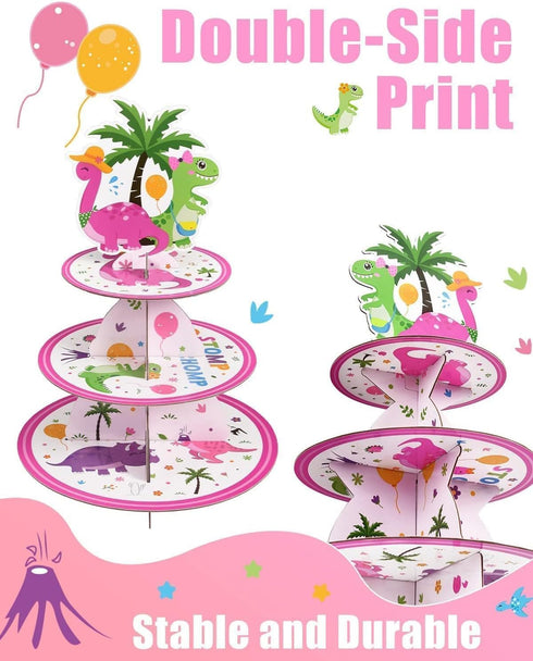 WERNNSAI Dinosaur Cupcake Stand - 3-Tier Pink Dinosaur Birthday Party Decorations for Girls, Cardboard Dessert Tower