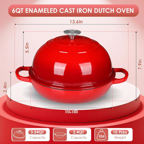 6qt LIFERUN Enameled Cast Iron Dutch Oven for Sourdough Bread Baking, Non-Stick Dome-Shaped Bread Oven Pot with Lid
