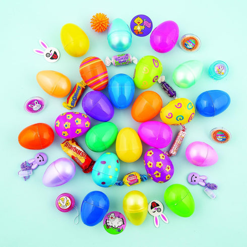 24 Pack Fun Express Candy Filled Easter Eggs Bulk - Pre-Filled Plastic Eggs with Assorted Sweet Treats for Easter Egg