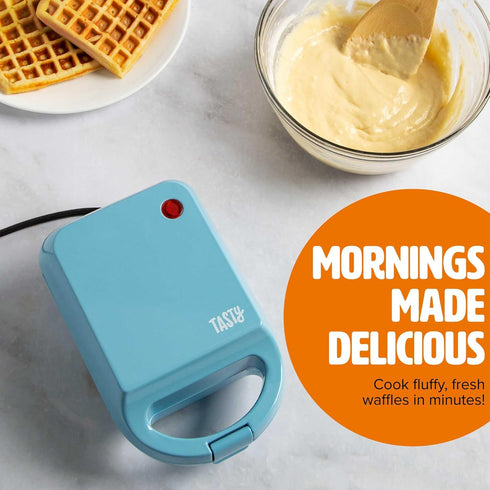 Tasty Mini Nonstick Waffle Maker, Perfect for Individual Waffles, Hash Browns, Brownies and more, Quick Results, Easy Clean Up, 600W, Blue by Tasty