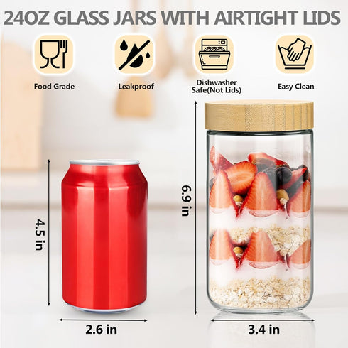 4 Pack 24oz TBWIND Glass Jars with Bamboo Lids, Spoons, Airtight Overnight Oats Containers, Wide Mouth Mason Jars, Food