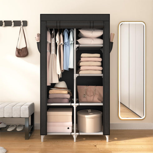 ROJASOP Portable Closet Wardrobe for Hanging Clothes, 6 Storage Shelves, 1 Hanging Rod, Free Standing Organizer