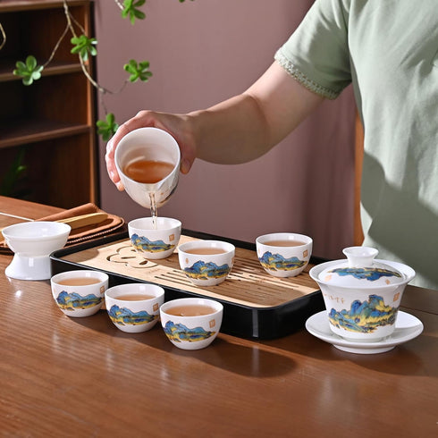 Set Set Set 6 Gaiwan6) Chinese Tea Traditional, Chinese Kung Fu Tea for Adults, Gaiwan Tea with Cups (QLJS