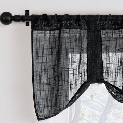 Home Queen Linen Look Tie Up Valance Curtain, Semi Sheer Balloon Valence for Living Room and Bedroom, Black