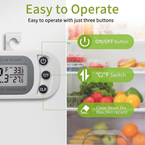 Digital Refrigerator Thermometer 2 Pack, Waterproof Fridge and Freezer Thermometer with Large LCD Screen