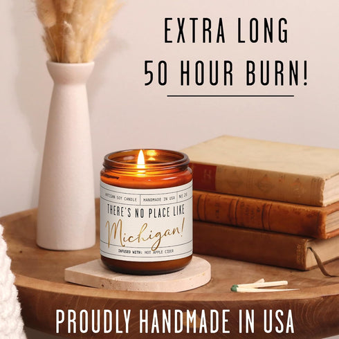 Michigan Gifts, 'There's No Place Like Michigan' Candle, Hot Apple Cider, 9oz Jar, 50Hr Burn, USA Made
